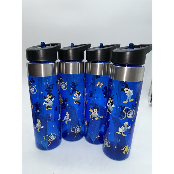 (4) Disney 50th Anniversary Plastic Bottle Mickey & Friends Transparent Blue